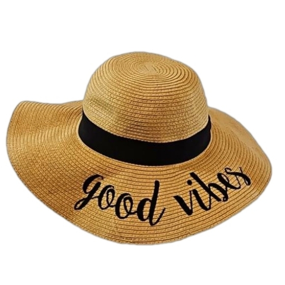 C.C Exclusive Fashionable Sunhat paper straw Good Vibes black embroidery design - Picture 4 of 17
